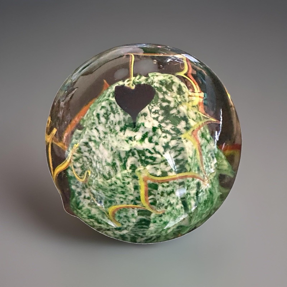 Vintage Art Glass Handmade Paperweight Black Heart On Green Confetti Handblown